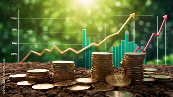 Fototapeta Granater AI Coins and graphs on green background, symbolizing financial growth and success.