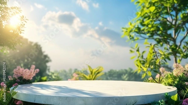 Obraz Podium mockup, forest landscape with blue sky and clouds, product display podium 3d render