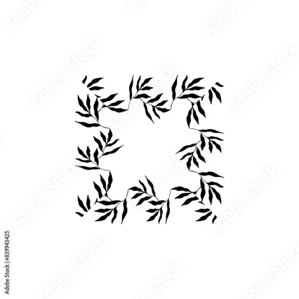 Obraz A black and white image of a frame with leaves. The frame is square and the leaves are arranged in a way that they look like they are growing out of the frame