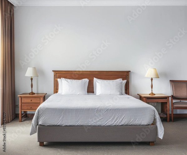 Fototapeta Modern hotel room with elegant bedding and stylish decor. Neutral tones and use of natural light.