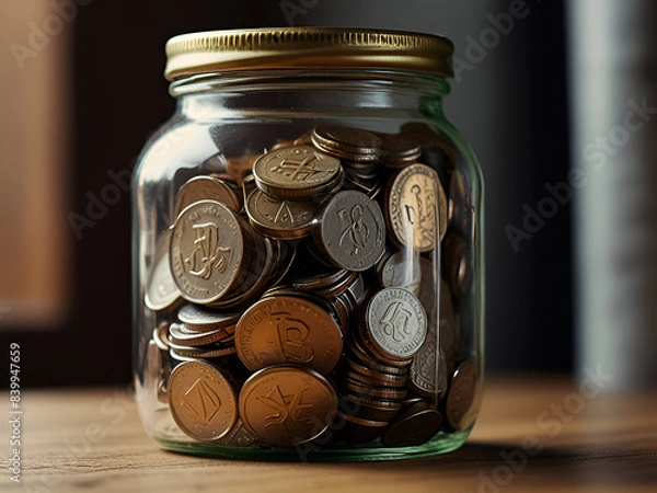 Fototapeta A jar of coins with Banks Ai generated