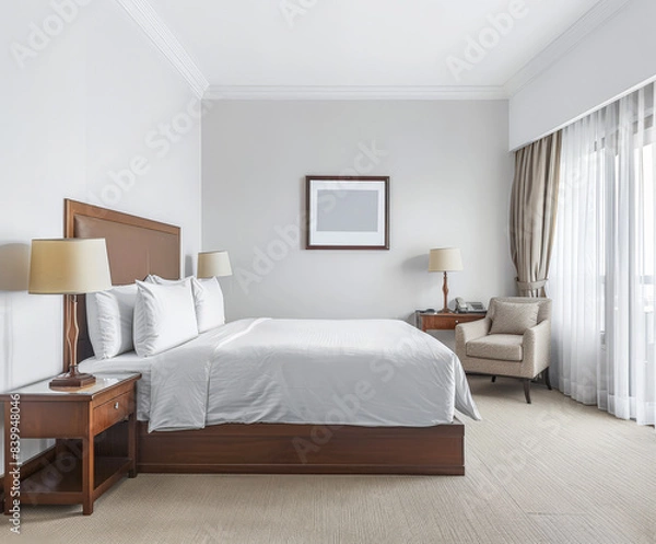 Fototapeta Modern hotel room with elegant bedding and stylish decor. Neutral tones and use of natural light.