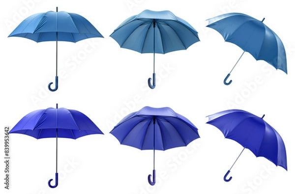 Fototapeta 2 Set of dark light blue turquoise canopy umbrella parasol brolly, on transparent cutout PNG file. Many assorted different angles. Mockup template for artwork design