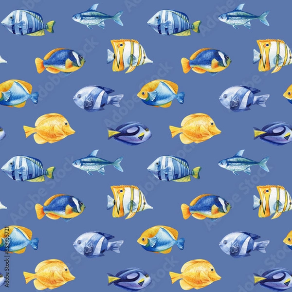 Obraz Marine seamless pattern with fish. Hand drawn watercolor background of sea fish Design for fabric, textile, wallpaper