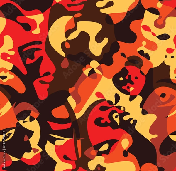 Fototapeta Abstract painting in cubism style. Graphic design poster with abstract form mask face characters. Modern colourful art. Cartoon seamless background Vector 