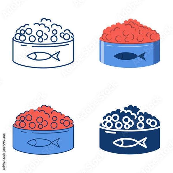 Fototapeta Canned red caviar icon set in flat and line style. Salmon caviar in a tin can. Vector illustration.