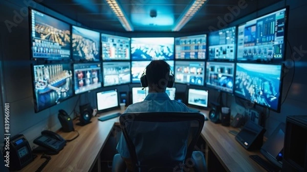 Fototapeta Person in control room monitoring multiple screens, illustrating technology, surveillance, security, and data management in operation.