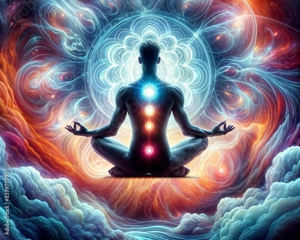 Obraz Meditating Person with Glowing Chakra in a Cosmic Background