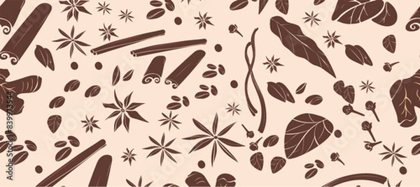 Obraz Food seamless pattern with oriental spices and coffee beans. Vector illustration
