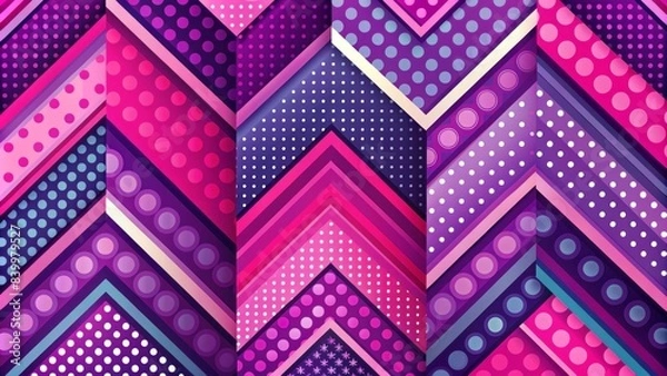 Fototapeta Vibrant pink and purple hues dominate a fun, playful pop art-inspired background with stylized shapes, chevrons, and polka dots, perfect for mock-up designs.