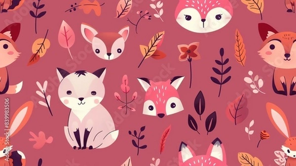Fototapeta seamless pattern seasonal colors Cute animals in the forest