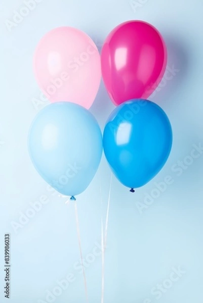 Fototapeta A bunch of balloons in pink, blue, and white. The balloons are floating in the air and are scattered all over the image. The balloons create a festive and joyful atmosphere