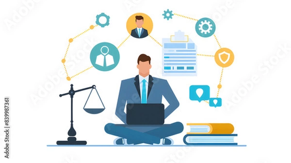 Obraz Compliance rules and law regulation policy. Businesses use laptops with compliance icons for enforcement of laws, regulations, and standards design
