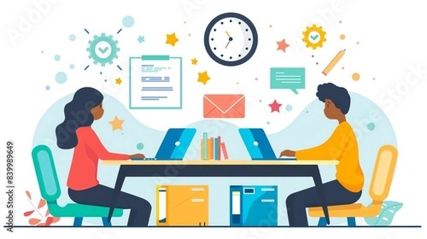 Obraz Two people working together at a desk with laptops, surrounded by office supplies and symbols of success.