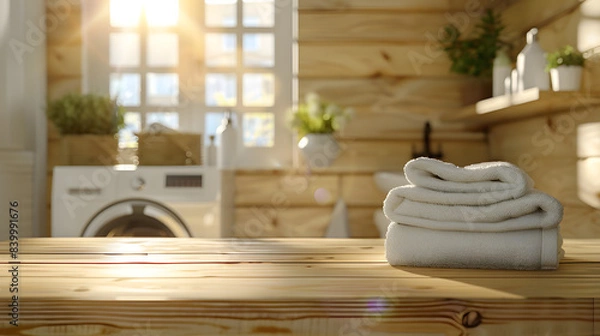 Fototapeta Stack of white towels is neatly placed on wooden surface sunlit laundry room background includes washing machine potted plants shelves with laundry essentials creating bright and welcoming atmosphere