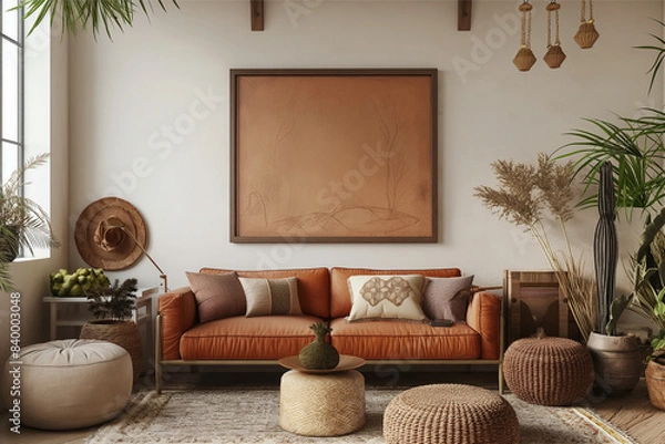 Fototapeta Mockup frame in a boho nomadic interior background with rural decorations