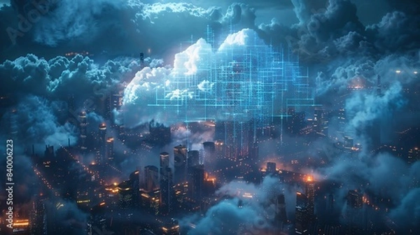 Fototapeta A digital cloud hovers over a high-tech cityscape at night, representing advanced cloud computing technology and urban innovation.