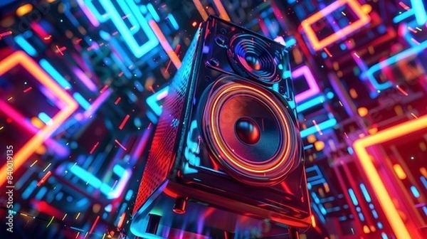 Fototapeta music speaker with neon backlight in the dark. Sound system on background of digital electronic lights.