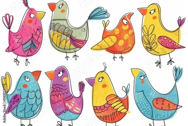 Fototapeta Cartoon cute doodles of colorful birds using their feathers as paintbrushes for graffiti, Generative AI 