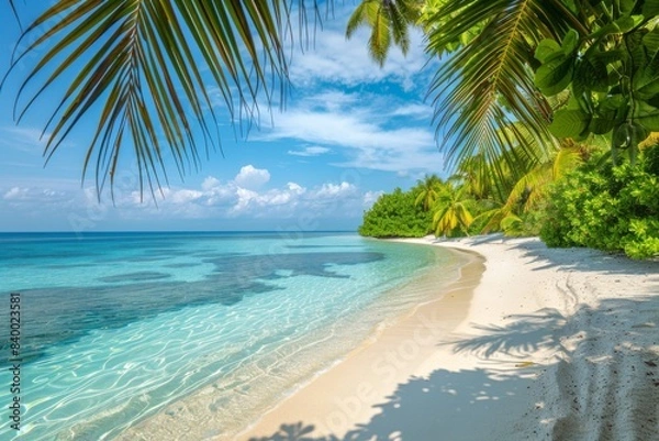 Fototapeta Sunny beach, lone palm, serene sea