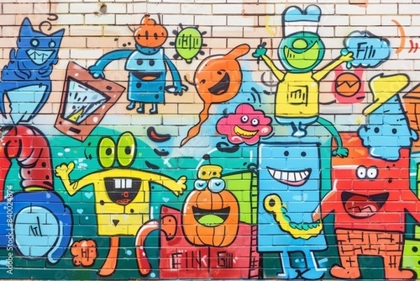 Fototapeta Cartoon cute doodles of playful characters tagging a brick wall with cheerful messages, Generative AI