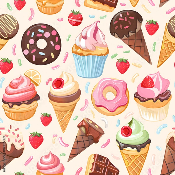 Fototapeta Colorful seamless pattern featuring ice cream cones, donuts, cupcakes, strawberries, and candy. Perfect for summer and dessert themes.
