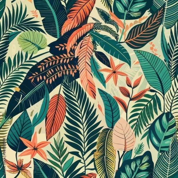 Fototapeta Seamless pattern of tropical foliage and flora intertwined with vines and tendrils, Generative AI