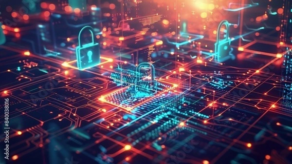 Obraz A cyber security-themed background with digital locks and encrypted code barriers, glowing amidst a network of secure connections.