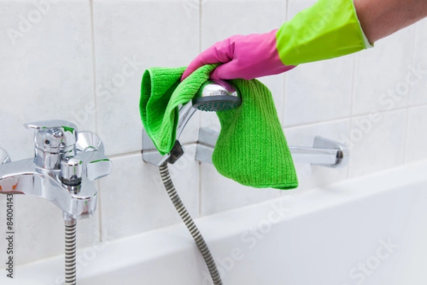 Obraz cleaning - Duschkopf putzen, Handschuh, Lappen