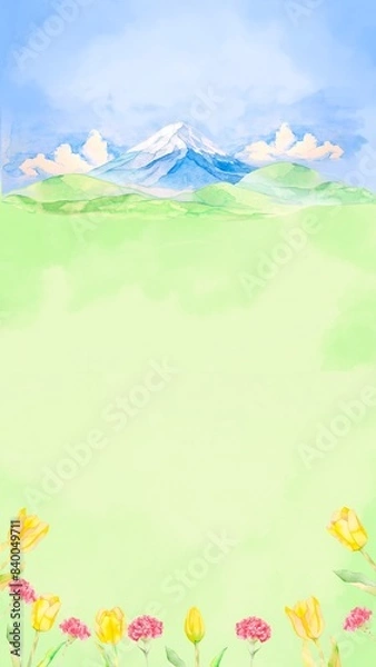 Fototapeta 水彩で描いた青空と富士山の美しい草原の背景イラスト