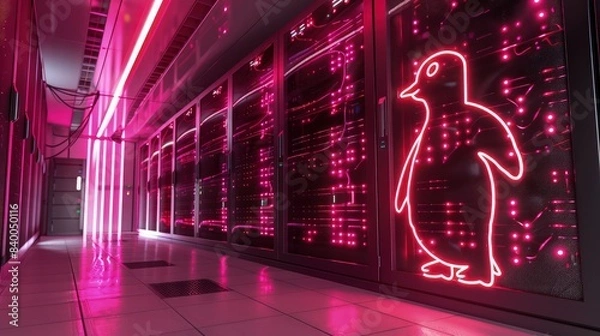Obraz A high-tech server room with racks of glowing LEDs, subtly forming the outline of the Linux penguin, showcasing Linuxa??s role in powering servers worldwide.
