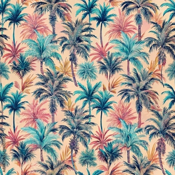 Fototapeta Hand drawn colorful palm trees seamless pattern