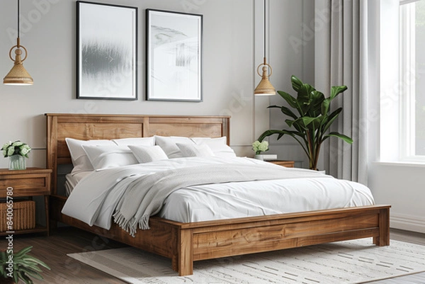 Fototapeta Cozy Bedroom with Wooden Bed Frame and Modern Decor