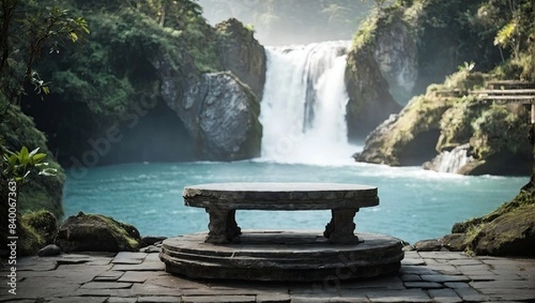 Fototapeta Empty stone podium for display and installation of product in In the tropical waterfalls and sunlight, travel, hiking, trekking, summer, freshness.