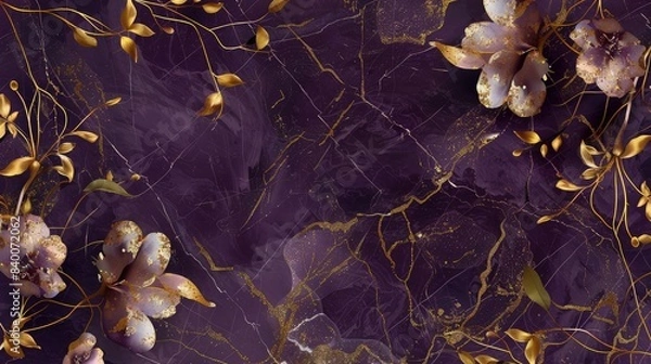 Fototapeta A deep purple marble background featuring a shimmering golden floral pattern, with a dedicated area for text. This backdrop is perfect for luxury eco events or upscale beauty salons.