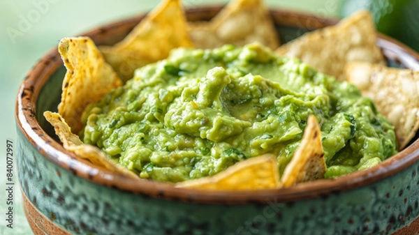 Fototapeta Bowl of guacamole surrounded by tortilla chips.