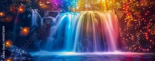 Fototapeta Magical waterfall with vibrant, colorful lights creating a dreamy and enchanting atmosphere in a forest setting.