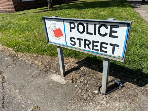 Obraz Post mounted Police Street name sign or street name plate on pavement or sidewalk on city road in the United Kingdom.