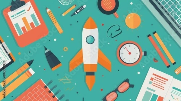 Fototapeta Modern startup planning solutions with flat design top view, innovative strategies in cartoon drawing