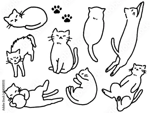 Obraz いろんな猫の手描き線画セット