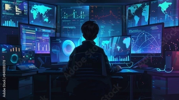 Obraz A programmer working late at night, surrounded by screens displaying holographic data analytics visualizations