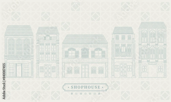 Fototapeta Collection set of mnimal line vector illustration drawing of an old school heritage shophouse facade in pastel colour. For concept proposal, design, postcard, banner, social media