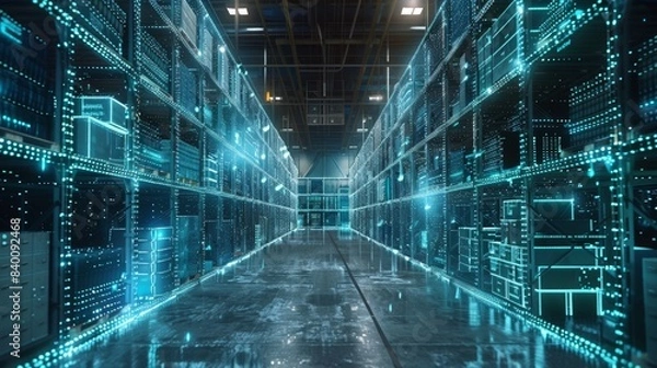 Fototapeta Future VR warehouse management technology. Concept of smart technology for global industrial revolution and automated logistic control.