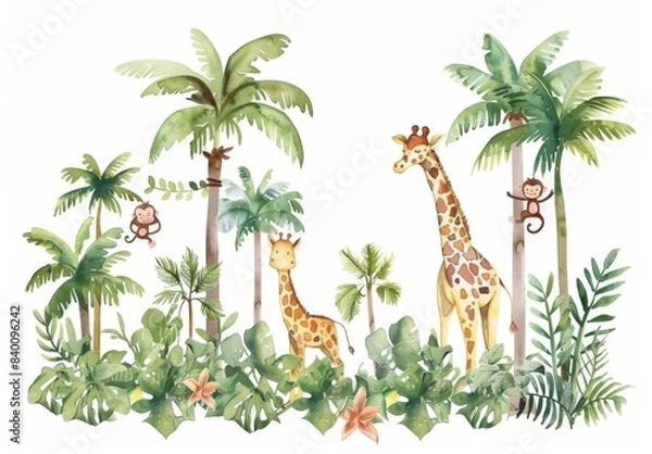Fototapeta An African watercolor artwork with giraffes, monkeys, zebras, palm trees, flowers. Safari wild creatures. Tropical jungle design for a nursery.