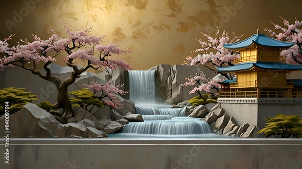 Obraz Volumetric stucco molding on a concrete wall with golden elements, Japanese landscape, waterfall, mountains, sakura