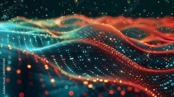 Fototapeta Flowing Data Visualization   Abstract Digital Field of Luminous Particles Representing the Dynamic Flow of Information Technology and Energy in a Futuristic Conceptual