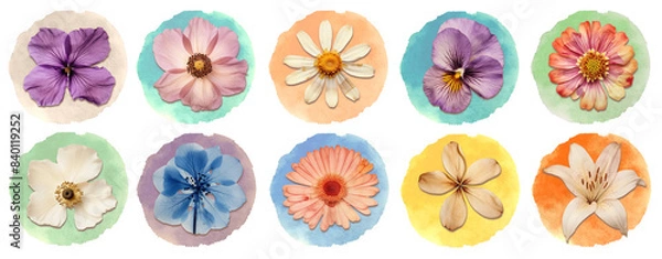 Fototapeta Blooming flowers watercolor shape png cut out element set