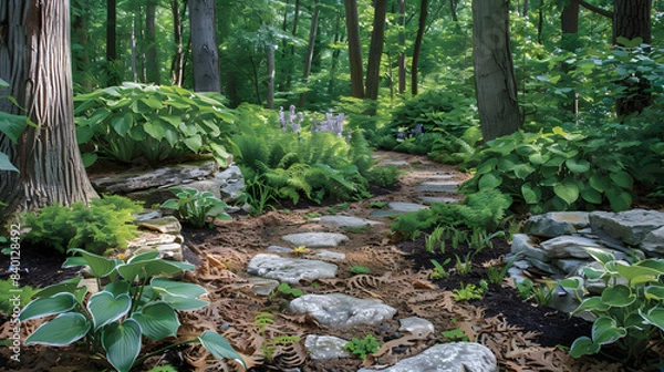 Fototapeta A woodland garden using shade-loving plants like ferns, hostas, and wildflowers, complemented by leaf paths and natural stones.