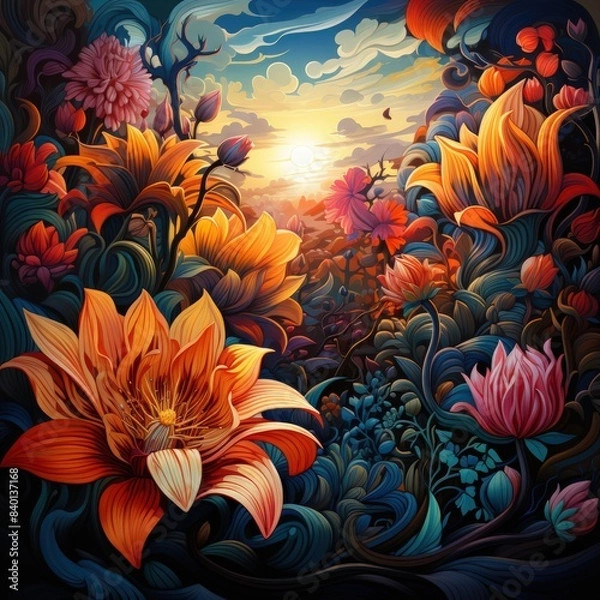 Fototapeta A painting of a field of flowers with a sun in the background