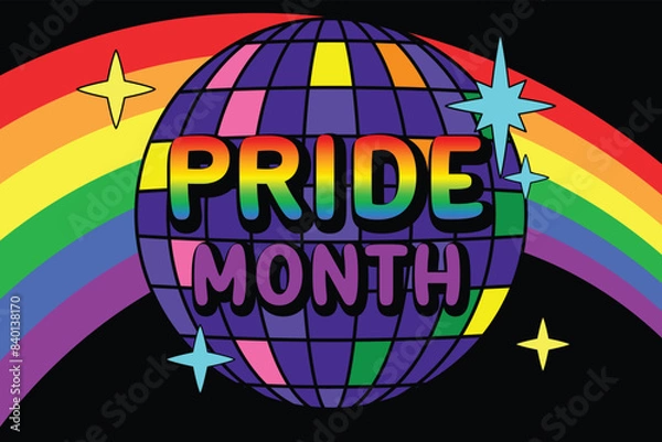 Obraz Rainbow illustration with colorful shining disco ball. Pride month celebration background vector illustration.